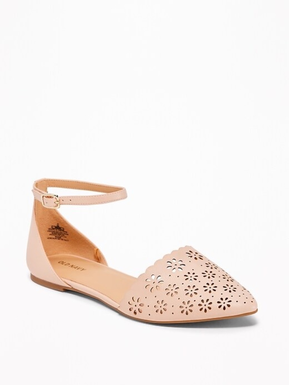 Old Navy Women's Pink Laser-Cut Scalloped Pointed Ankle-Strap Flats Size 7 - Picture 9 of 9